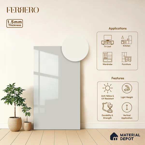 Ivory Solid Color Acrylic Laminate LM 24536 8 ft x 4 ft High Gloss Finish - 1.5 mm | Matching Edgeband code - EB 02085 | Suitable for Living Room, Kitchen, Office