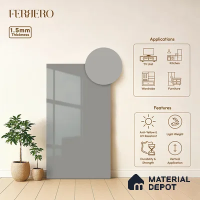 Pebble Grey Solid Color Acrylic Laminate LM 24537 8 ft x 4 ft High Gloss Finish - 1.5 mm | Matching Edgeband code - EB 02086 | Suitable for Living Room, Kitchen, Office