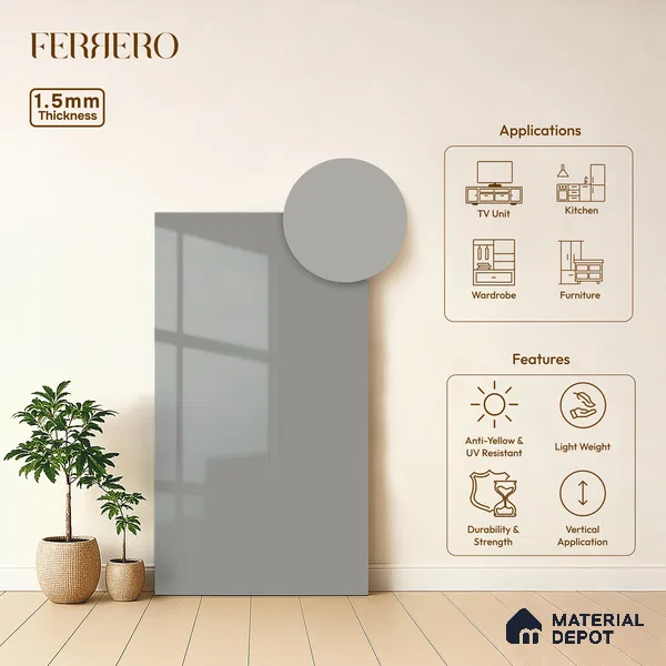 Pebble Grey Solid Color Acrylic Laminate LM 24537 8 ft x 4 ft High Gloss Finish - 1.5 mm | Matching Edgeband code - EB 02086 | Suitable for Living Room, Kitchen, Office
