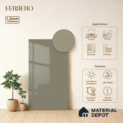 Pebble Grey Solid Color Acrylic Laminate LM 24538 8 ft x 4 ft High Gloss Finish - 1.5 mm | Matching Edgeband code - EB 02084 | Suitable for Living Room, Kitchen, Office