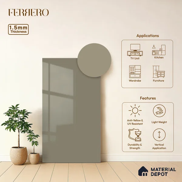 Pebble Grey Solid Color Acrylic Laminate LM 24538 8 ft x 4 ft High Gloss Finish - 1.5 mm | Matching Edgeband code - EB 02084 | Suitable for Living Room, Kitchen, Office