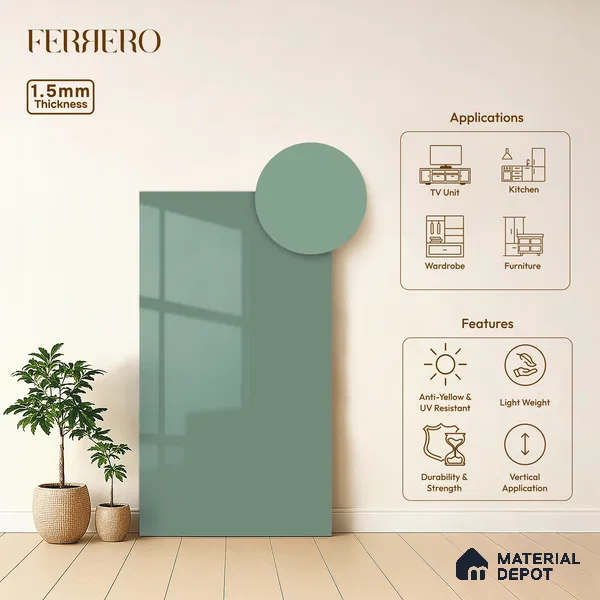 Muted Teal Blue Solid Color Acrylic Laminate LM 24539 8 ft x 4 ft High Gloss Finish - 1.5 mm | Matching Edgeband code - EB 02108 | Suitable for Living Room, Kitchen, Office