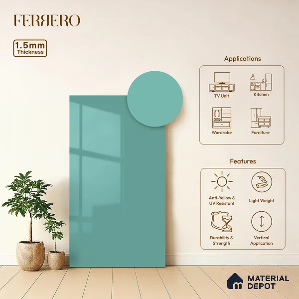 Tiffany Blue Solid Color Acrylic Laminate LM 24540 8 ft x 4 ft High Gloss Finish - 1.5 mm | Matching Edgeband code - EB 02074 | Suitable for Living Room, Kitchen, Office