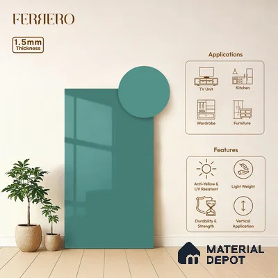 Teal Blue Solid Color Acrylic Laminate LM 24542 8 ft x 4 ft High Gloss Finish - 1.5 mm | Matching Edgeband code - EB 02075 | Suitable for Living Room, Kitchen, Office
