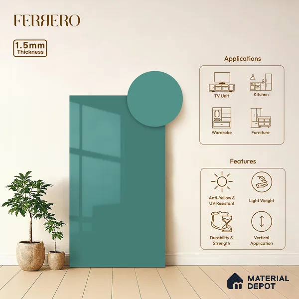 Teal Blue Solid Color Acrylic Laminate LM 24542 8 ft x 4 ft High Gloss Finish - 1.5 mm | Matching Edgeband code - EB 02075 | Suitable for Living Room, Kitchen, Office
