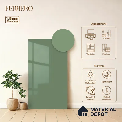 Sage Green Solid Color Acrylic Laminate LM 24544 8 ft x 4 ft High Gloss Finish - 1.5 mm | Matching Edgeband code - EB 02091 | Suitable for Living Room, Kitchen, Office