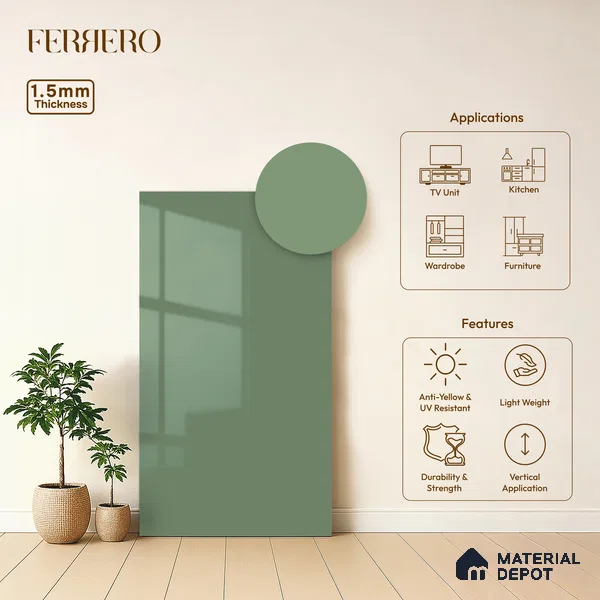 Sage Green Solid Color Acrylic Laminate LM 24544 8 ft x 4 ft High Gloss Finish - 1.5 mm | Matching Edgeband code - EB 02091 | Suitable for Living Room, Kitchen, Office