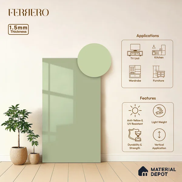 Seafoam Green Solid Color Acrylic Laminate LM 24545 8 ft x 4 ft High Gloss Finish - 1.5 mm | Matching Edgeband code - EB 02078 | Suitable for Living Room, Kitchen, Office