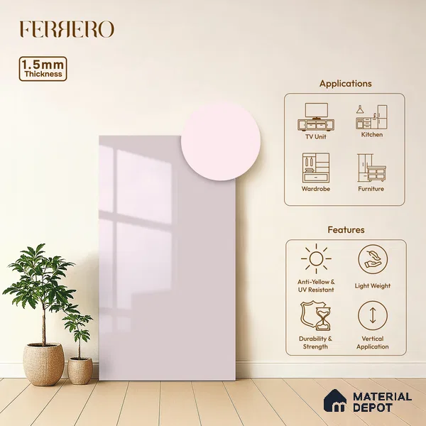 Pale Pink Solid Color Acrylic Laminate LM 24546 8 ft x 4 ft High Gloss Finish - 1.5 mm | Matching Edgeband code - EB 02088 | Suitable for Living Room, Kitchen, Office