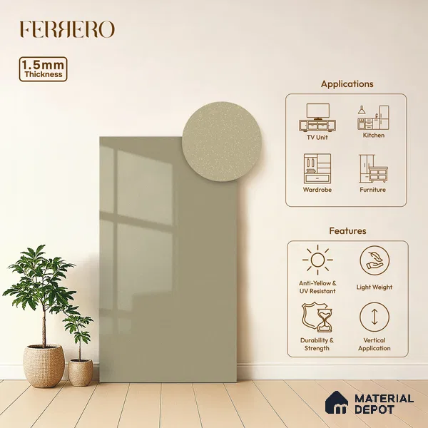 Cream Acrylic Laminate LM 24549 8 ft x 4 ft High Gloss Finish - 1.5 mm | Matching Edgeband code - EB 02109 | Suitable for TV Unit, Wardrobe, Cabinets