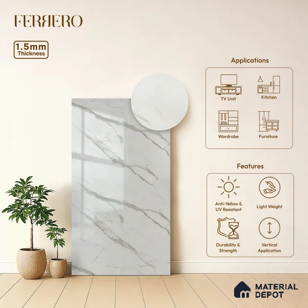 White Marble Acrylic Laminate LM 24552 8 ft x 4 ft High Gloss Finish - 1.5 mm | Suitable for TV Unit, Wardrobe, Cabinets