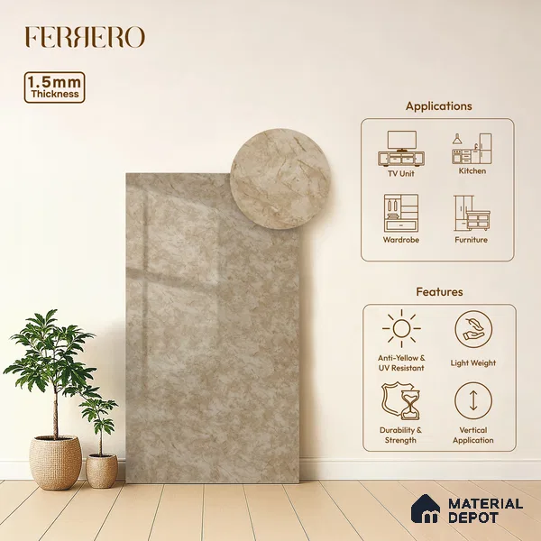 Beige Marble Acrylic Laminate LM 24553 8 ft x 4 ft High Gloss Finish - 1.5 mm | Suitable for TV Unit, Wardrobe, Cabinets