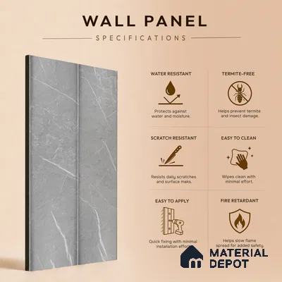 Cloud Grey Marble Look PN 06854 9.2 ft x 7.8 inch Charcoal Panel - 16 mm | Suitable for Living Room, Bedroom & TV Cabinet | Width is Subjected to 5% Variation
