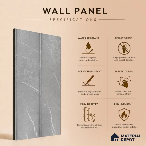 Cloud Grey Marble Look PN 06854 9.2 ft x 7.8 inch Charcoal Panel - 16 mm | Suitable for Living Room, Bedroom & TV Cabinet | Width is Subjected to 5% Variation