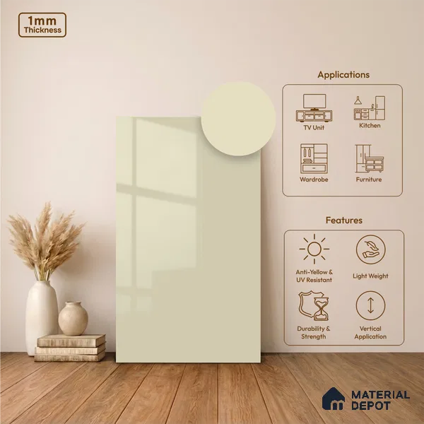 Light Cream Solid Colors Look LM 11972 8 ft x 4 ft High Gloss Finish Decorative Laminate - 1 mm | Suitable for Living Room, Kitchen, Office