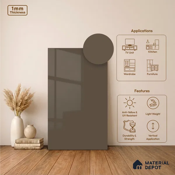 Taupe Brown Solid Colors Look LM 24450  8 ft x 4 ft High Gloss Finish Decorative Laminate - 1 mm | Suitable for Living Room, Kitchen, Office