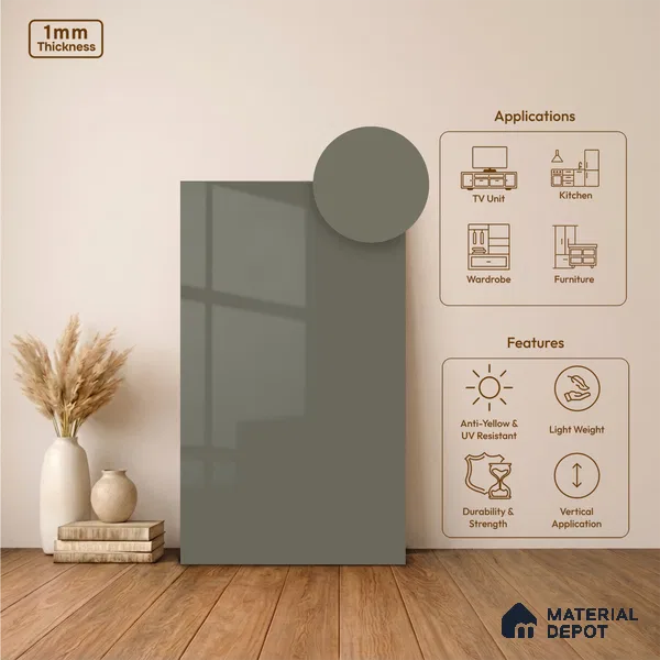 Deep Olive Green Solid Colors Look LM 24451 8 ft x 4 ft High Gloss Finish Decorative Laminate - 1 mm | Suitable for Living Room, Kitchen, Office