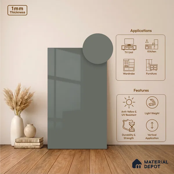 Slate Grey Solid Colors Look LM 24454  8 ft x 4 ft High Gloss Finish Decorative Laminate - 1 mm | Suitable for Living Room, Kitchen, Office