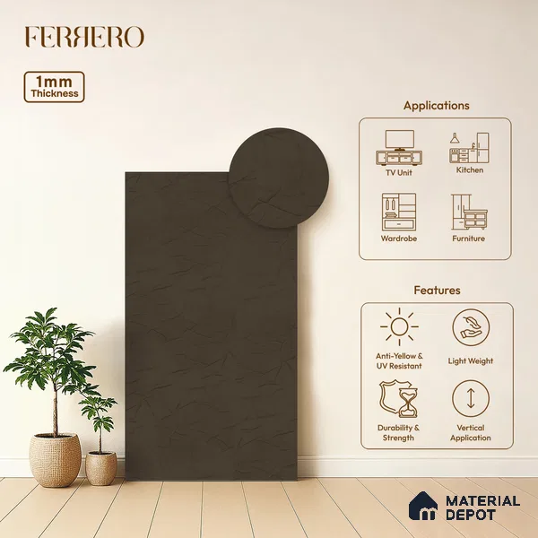 Grey Patterned look Ferrero 1E244 CP Muted Mocha Brown 8 ft x 4 ft Crumpled Finish Decorative Laminate - 1 mm | Matching E3 Edgeband Code - (1053)