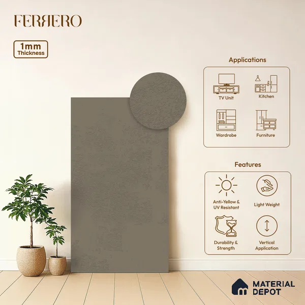 Grey Cement look Ferrero 1E241 PL Soft Cement Grey 8 ft x 4 ft Plaster Finish Decorative Laminate - 1 mm | Matching Rehau Edgeband Code - (75709)