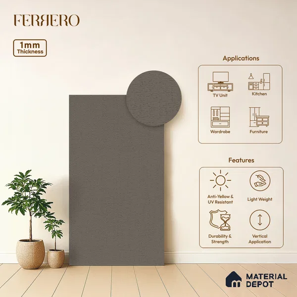 Grey Fabric look Ferrero 1E227 RF Muted Stone Grey 8 ft x 4 ft Real Fabric Finish Decorative Laminate - 1 mm | Matching E3 Edgeband Code - (1051)