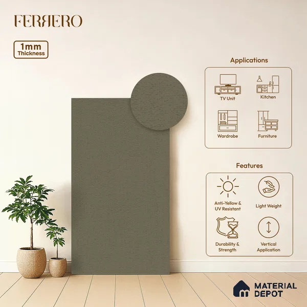 Green Fabric look Ferrero 1E229 RF Cool Grey 8 ft x 4 ft Real Fabric Finish Decorative Laminate - 1 mm | Matching Rehau Edgeband Code - (75709)