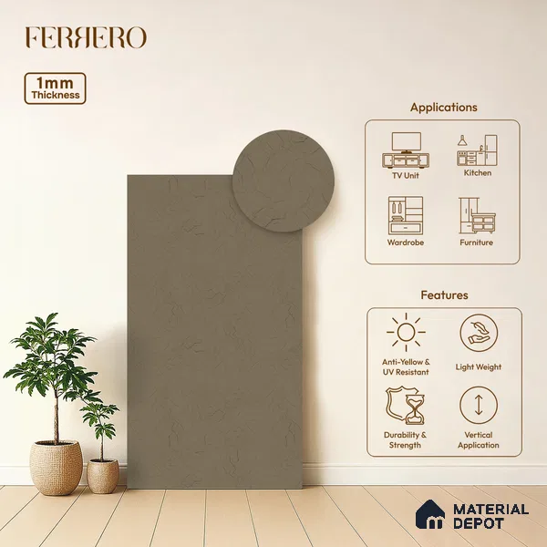 Grey Leather look Ferrero 1E232 ZL Earthy Taupe Brown 8 ft x 4 ft Zero Leather Finish Decorative Laminate - 1 mm | Matching E3 Edgeband Code - (232)