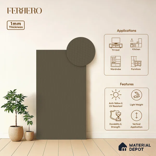 Brown Abstract look Ferrero 1E210 KK Ash Grey 8 ft x 4 ft Kabaark Finish Decorative Laminate - 1 mm | Matching E3 Edgeband Code - (10140)