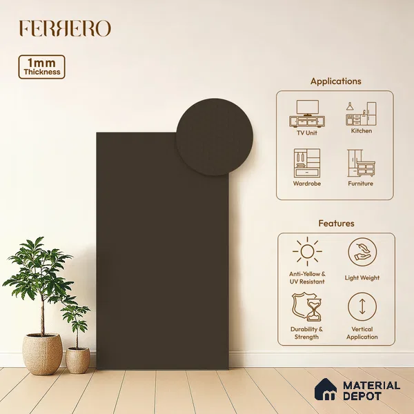 Brown Abstract look Ferrero 1E223 KK Warm Taupe 8 ft x 4 ft Kabaark Finish Decorative Laminate - 1 mm | Matching E3 Edgeband Code - (1053)