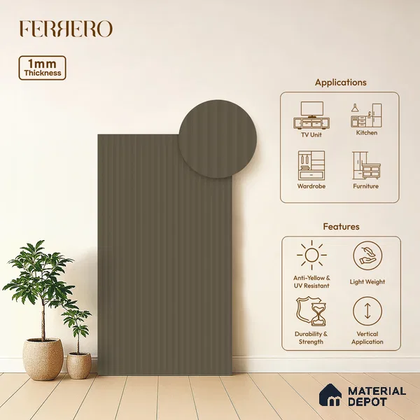 Warm Grey Brown Fluted Solid Color 1E210 CFL Warm Grey 8 ft x 4 ft Texture Finish Decorative Laminate - 1 mm | Suitable for TV Unit,Wardrobe, Kitchen Cabinets