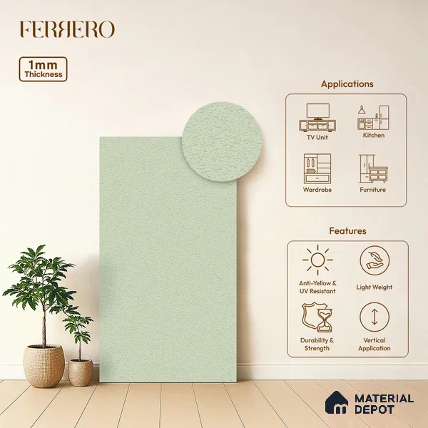 Blue Solid Colors look Ferrero 1E172 PU Frosted Mint 8 ft x 4 ft PU Finish Decorative Laminate - 1 mm | Suitable for Living Room, Kitchen, Office | Matching Prism Edgeband Code - (10187)