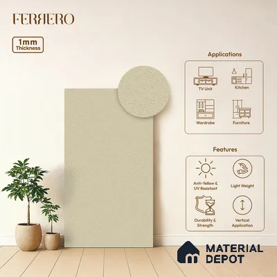 Cream Solid Colors look Ferrero 1E178 PU Textured Ivory White 8 ft x 4 ft PU Finish Decorative Laminate - 1 mm | Suitable for Living Room, Kitchen, Office | Matching E3 Edgeband Code - (1002)