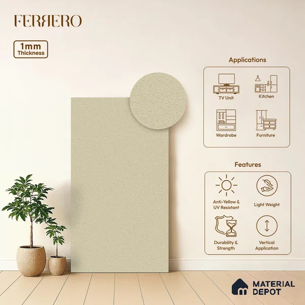Cream Solid Colors look Ferrero 1E178 PU Textured Ivory White 8 ft x 4 ft PU Finish Decorative Laminate - 1 mm | Suitable for Living Room, Kitchen, Office | Matching E3 Edgeband Code - (1002)