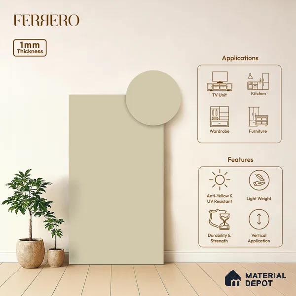White Solid Colors look Ferrero 1E178 SMT Soft Cream White 8 ft x 4 ft Satin Matt Finish Decorative Laminate - 1 mm | Suitable for Living Room, Kitchen, Office | Matching E3 Edgeband Code - (1002)