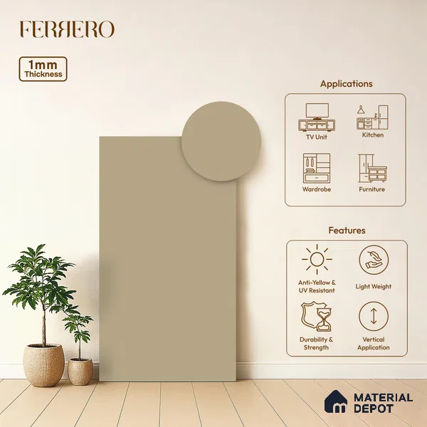 Cream Solid Colors look Ferrero 1E203 SMT Soft Vanilla Cream 8 ft x 4 ft Satin Matt Finish Decorative Laminate - 1 mm | Suitable for Living Room, Kitchen, Office | Matching E3 Edgeband Code - (1033)
