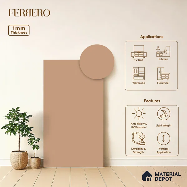 Orange Solid Colors look Ferrero 1E234 SMT Warm Coral Pink 8 ft x 4 ft Satin Matt Finish Decorative Laminate - 1 mm | Suitable for Living Room, Kitchen, Office | Matching Prism Edgeband Code - (10143)