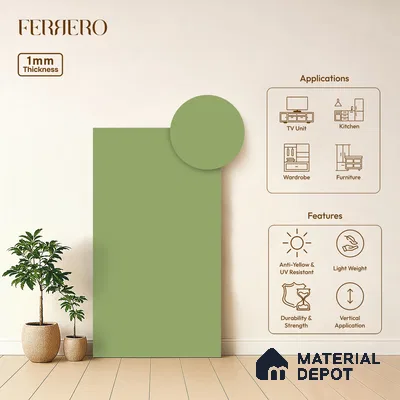 Green Solid Colors look Ferrero 1E243 SMT Spring Green 8 ft x 4 ft Satin Matt Finish Decorative Laminate - 1 mm | Suitable for Living Room, Kitchen, Office | Matching E3 Edgeband Code - (1057)
