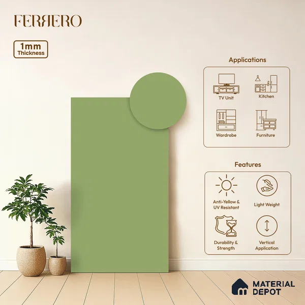 Green Solid Colors look Ferrero 1E243 SMT Spring Green 8 ft x 4 ft Satin Matt Finish Decorative Laminate - 1 mm | Suitable for Living Room, Kitchen, Office | Matching E3 Edgeband Code - (1057)