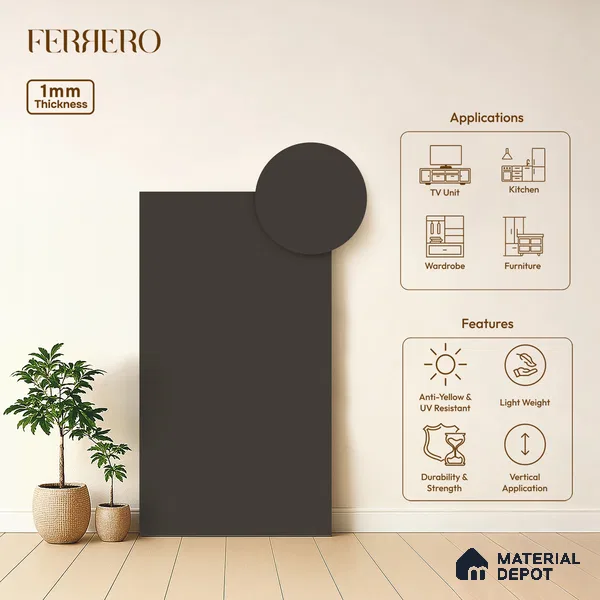Grey Solid Colors look Ferrero 1E242 SMT Graphite Smoke Grey 8 ft x 4 ft Satin Matt Finish Decorative Laminate - 1 mm | Suitable for Living Room, Kitchen, Office | Matching E3 Edgeband Code - (1019)