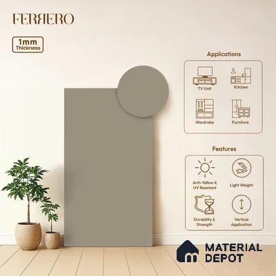 Grey Solid Colors look Ferrero 1E245 SMT Soft Taupe Beige 8 ft x 4 ft Satin Matt Finish Decorative Laminate - 1 mm | Suitable for Living Room, Kitchen, Office | Matching E3 Edgeband Code - (1054 HG)