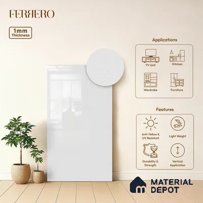 White Sparkle look Ferrero 1E476 HGL Frosty Pearl White 8 ft x 4 ft High Gloss Finish Decorative Laminate - 1 mm | Matching E3 Edgeband Code - (3101)