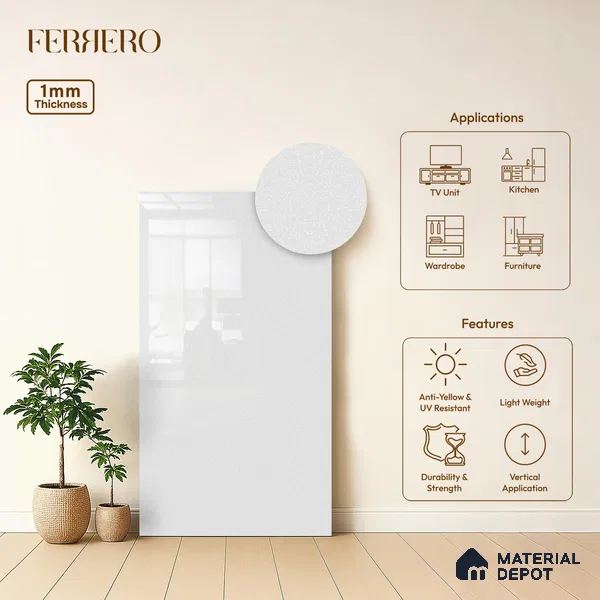 White Sparkle look Ferrero 1E476 HGL Frosty Pearl White 8 ft x 4 ft High Gloss Finish Decorative Laminate - 1 mm | Matching E3 Edgeband Code - (3101)