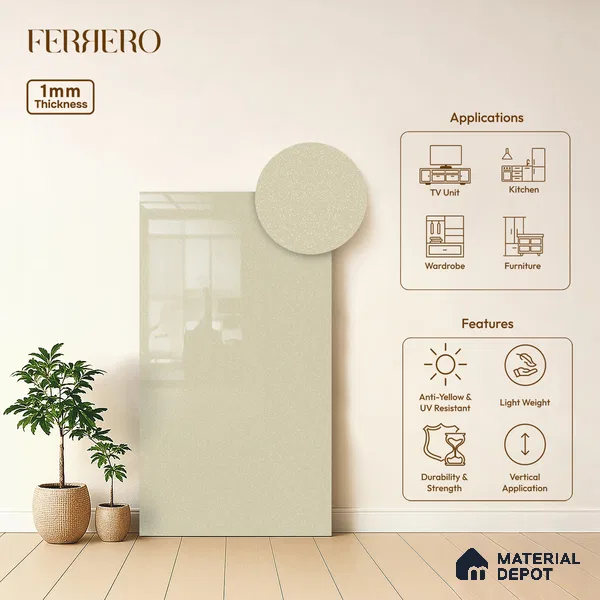 Beige Sparkle look Ferrero 1E480 HGL Blush Tinted White 8 ft x 4 ft High Gloss Finish Decorative Laminate - 1 mm | Matching Prism Edgeband Code - (10101)