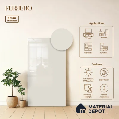 Beige Solid Colors look Ferrero 1E101 HGL Icy Lavender White 8 ft x 4 ft High Gloss Finish Decorative Laminate - 1 mm | Suitable for Living Room, Kitchen, Office | Matching E3 Edgeband Code - (1101)