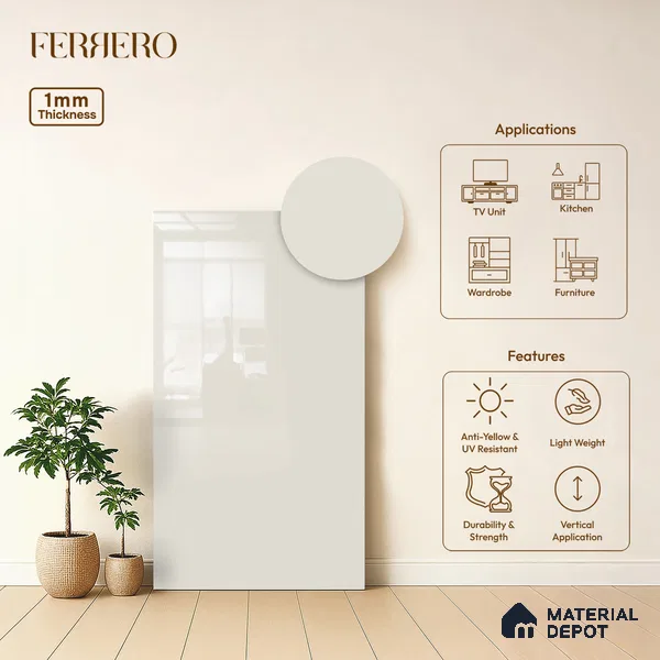 Beige Solid Colors look Ferrero 1E101 HGL Icy Lavender White 8 ft x 4 ft High Gloss Finish Decorative Laminate - 1 mm | Suitable for Living Room, Kitchen, Office | Matching E3 Edgeband Code - (1101)