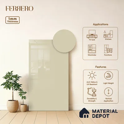 Beige Solid Colors look Ferrero 1E102 HGL Warm Milky White 8 ft x 4 ft High Gloss Finish Decorative Laminate - 1 mm | Suitable for Living Room, Kitchen, Office | Matching E3 Edgeband Code - (1103)
