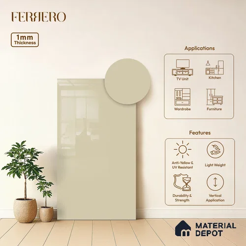 Beige Solid Colors look Ferrero 1E178 HGL Soft Rosy White 8 ft x 4 ft High Gloss Finish Decorative Laminate - 1 mm | Suitable for Living Room, Kitchen, Office | Matching E3 Edgeband Code - (1002 HG)