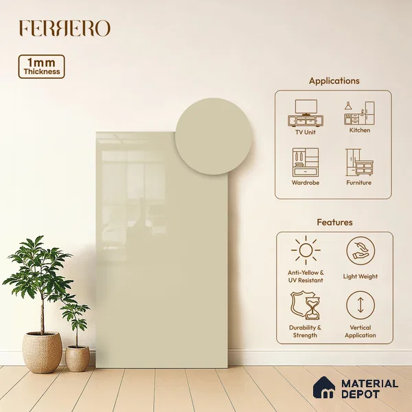 Beige Solid Colors look Ferrero 1E178 HGL Soft Rosy White 8 ft x 4 ft High Gloss Finish Decorative Laminate - 1 mm | Suitable for Living Room, Kitchen, Office | Matching E3 Edgeband Code - (1002 HG)