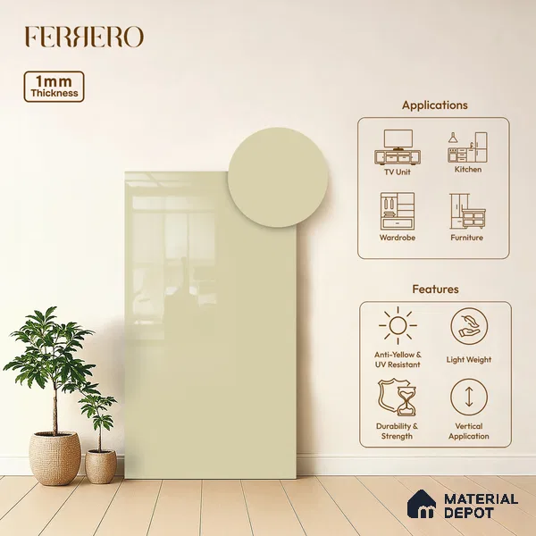 Beige Solid Colors look Ferrero 1E230 HGL Crystal Snow White 8 ft x 4 ft High Gloss Finish Decorative Laminate - 1 mm | Suitable for Living Room, Kitchen, Office | Matching E3 Edgeband Code - (1002 HG)
