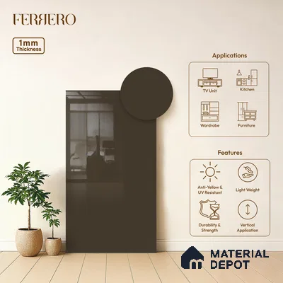 Brown Solid Colors look Ferrero 1E223 HGL Muted Taupe Brown 8 ft x 4 ft High Gloss Finish Decorative Laminate - 1 mm | Suitable for Living Room, Kitchen, Office | Matching E3 Edgeband Code - (1053)